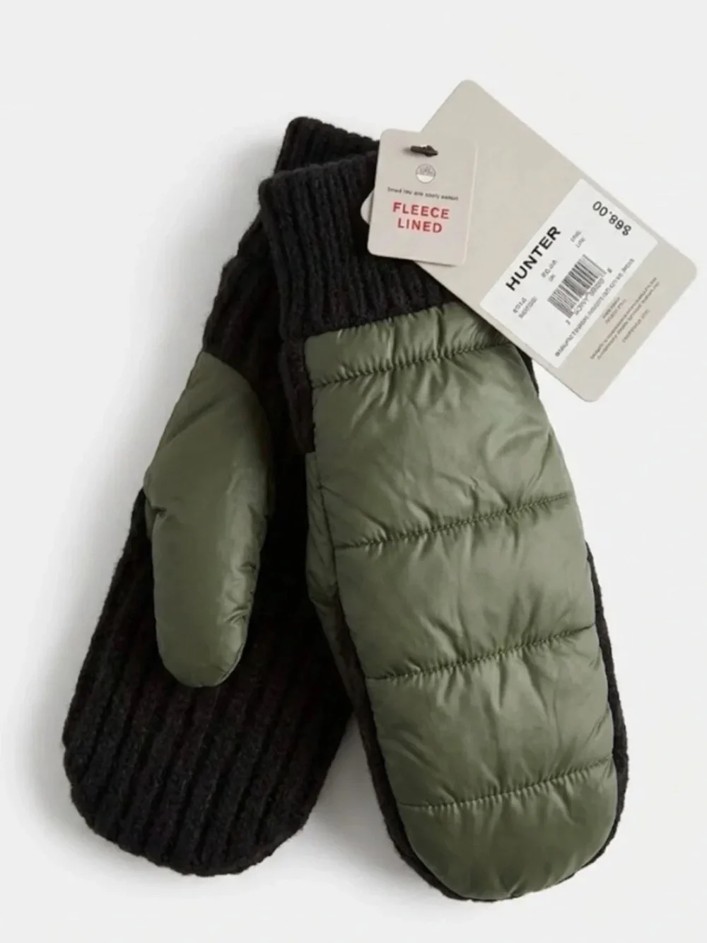 Hunter Fleece Lined Puffer Knit Mittens Olive Green Black, Small/Medium, NWT